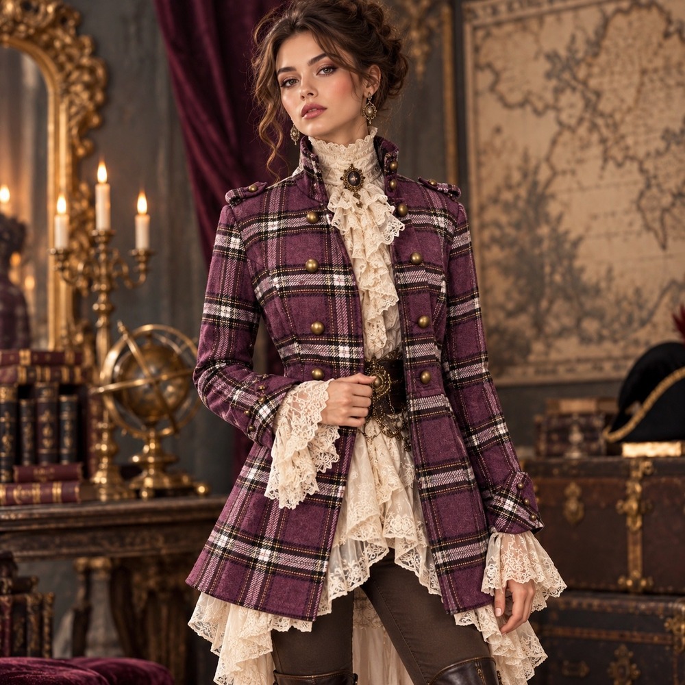 VTG Plaid Double Breasted Military Napoleon Coat Womens XL Purple Steampunk Y2K